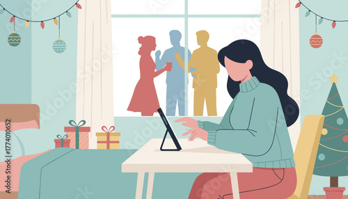 Woman working on a tablet in a cozy decorated room while silhouettes of people socialize outside