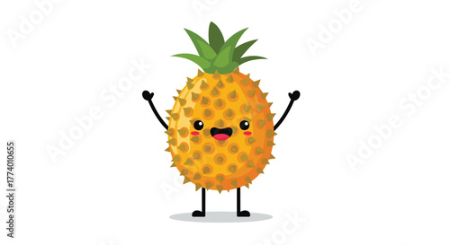 A cheerful and cute cartoon pineapple character, with a spiky yellow body, green crown, rosy cheeks, and black limbs, stands happily with arms raised on a clean white background, expressing joy.