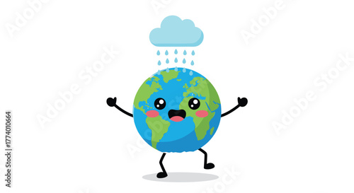 A joyful and cute cartoon Earth character with a happy smiling face, outstretched arms, and tiny legs, stands delighted under a small cloud showering refreshing rain.