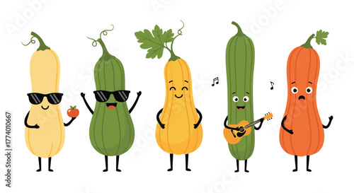 A vibrant cartoon illustration featuring five anthropomorphic squash and gourds, each displaying distinct personalities and engaging in various playful activities against a white background.
