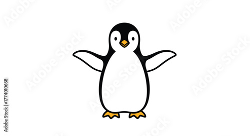 A cute and friendly cartoon penguin stands with its wings open wide on a pure white background, ready for a hug or a warm greeting.