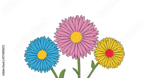 A delightful graphic illustration presents a trio of colorful aster or daisy-like flowers, featuring blue, pink, and yellow petals with contrasting centers, against a clean white backdrop.