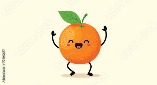 A vibrant and adorable cartoon orange character featuring a big happy smile, rosy cheeks, and expressive stick arms and legs, celebrating joyfully on a light background.