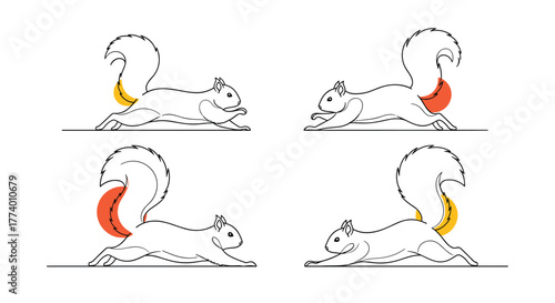 Minimalist line art illustration featuring a set of four energetic squirrels in various running and scurrying poses, enhanced by abstract color splashes.