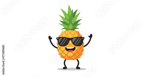A cheerful and cool cartoon pineapple character, wearing stylish black sunglasses and raising its arms in excitement, stands on a plain white background.
