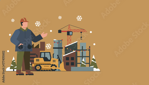 Winter construction worker crane and bulldozer near a site decorated with holiday lights