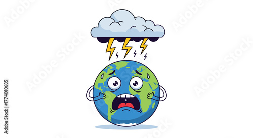 A cartoon Earth character is depicted as scared and sweating under a stormy cloud with lightning, symbolizing global environmental crisis and distress.