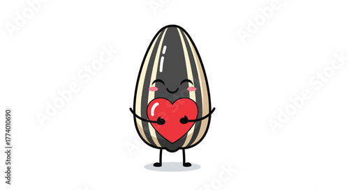 A charming cartoon sunflower seed with a happy, blushing face expresses love and care by sweetly holding a vibrant red heart, conveying warmth and affection.
