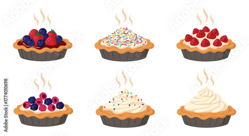 A delectable assortment of warm, individual mini pies and tarts, each showcasing unique and vibrant sweet toppings, perfect for a delightful dessert spread.