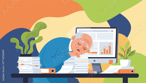 Overworked elderly man sleeping on a massive pile of documents at his office desk Burnout and stress concept