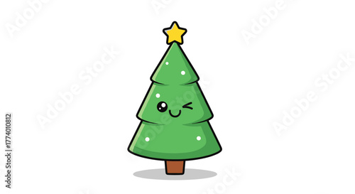 A delightful and friendly cartoon Christmas tree character, featuring a playful winking face and a glowing yellow star on its top, standing cheerfully on a clean white background.