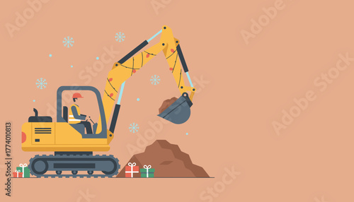 A construction worker operates a festive excavator decorated with Christmas lights under falling snow