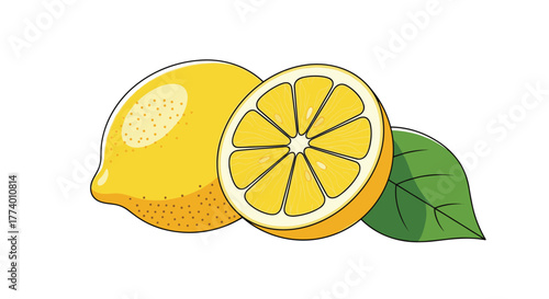 A lively illustration depicts two ripe, bright yellow lemons, one whole and one sliced in half to showcase its juicy, segmented interior, with a fresh green leaf on a crisp white background.