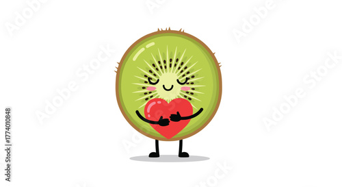 Happy and adorable cartoon kiwi fruit slice with a cute face and small limbs lovingly embraces a bright red heart, representing affection, health, and happiness.