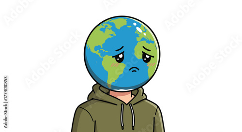 A melancholic cartoon character with the Earth as its head wears a hoodie, expressing global sorrow and concern for environmental well-being.