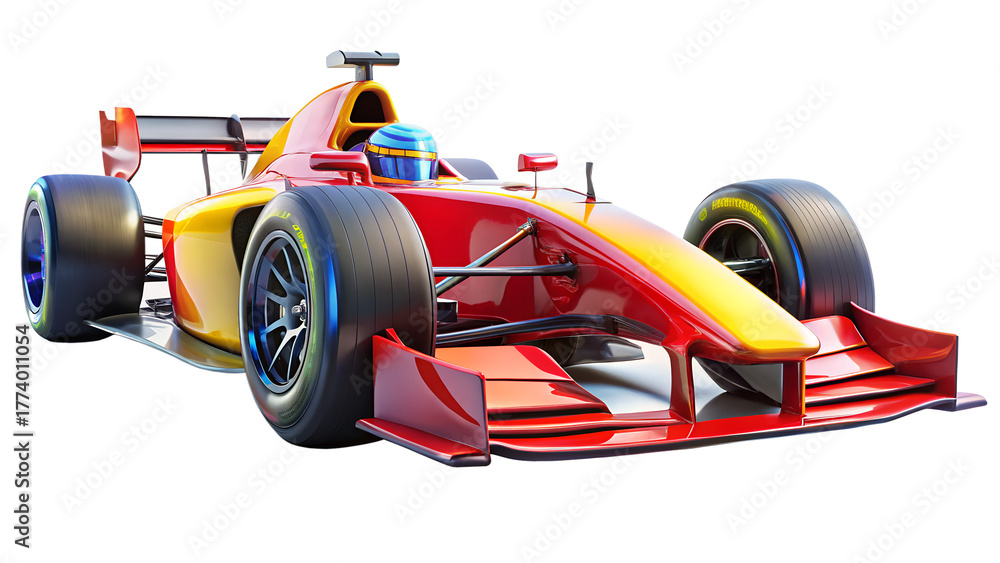 Naklejka premium A sleek red and yellow formula one race car speeding along isolated on transparent background