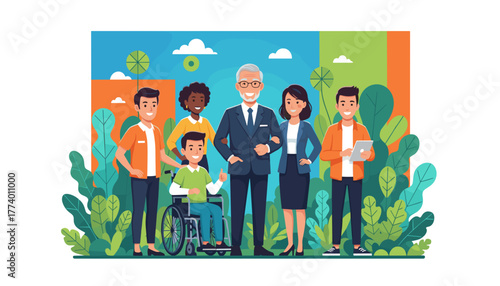 Diverse business team including disability representation standing together showing unity and inclusion