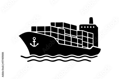 Black silhouette of a cargo ship carrying containers silhouette