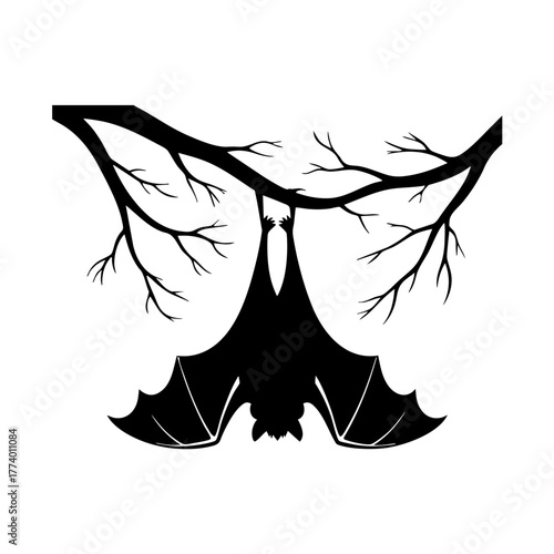 Bat hanging upside down from a tree branch silhouette