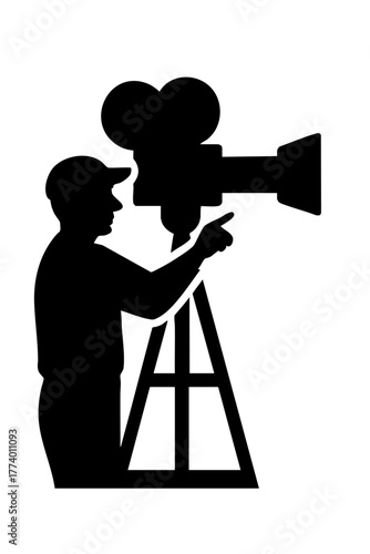 Filmmaker operating vintage camera silhouette