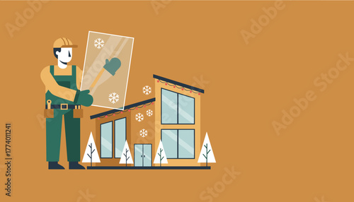 Technician installing insulated window glass for winter home maintenance