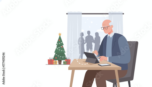 Busy senior professional working on tablet near Christmas tree during winter office party