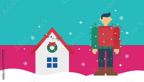 Man tangled in colorful Christmas lights outside a decorated house in winter snow