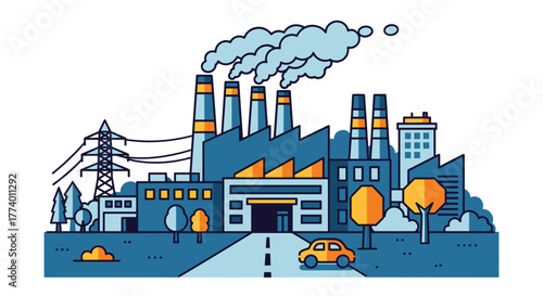 Factory complex emitting pollution Industrial city landscape with car power tower and smokestacks