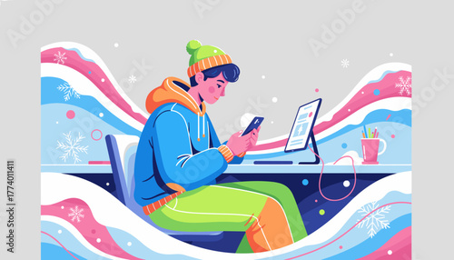 Colorful illustration of a person working remotely at a desk checking a smartphone in winter