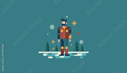 Flat design illustration of a winter woodsman character in a stylized forest with snowflakes and stars
