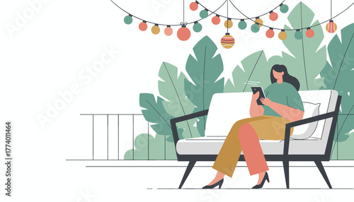 Woman relaxing on a balcony with tropical plants and string lights using a mobile phone