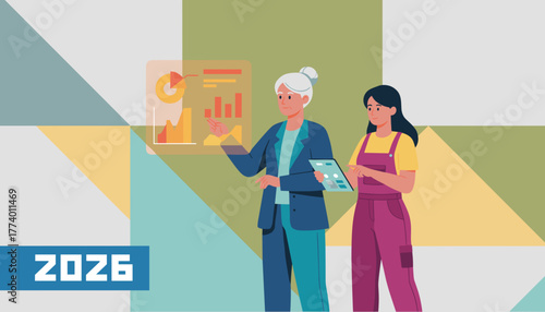 Intergenerational team analyzes holographic business data projections for the year 2026