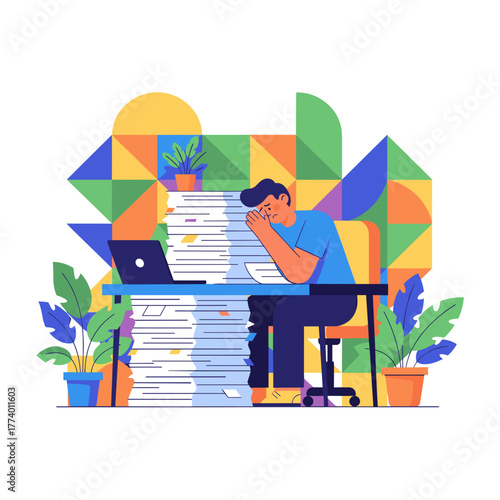 Overworked man stressed by huge pile of documents and office burnout Excessive workload concept