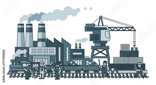 Flat design industrial plant with workers locomotive crane and shipping containers