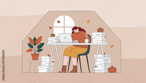 Tired woman sleeps on her laptop surrounded by huge stacks of paper in autumn home office