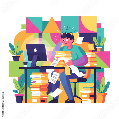 Stressed worker overwhelmed by a huge pile of documents and urgent paperwork in the office