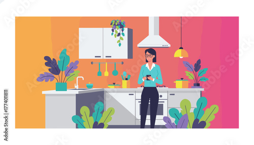 Professional woman enjoying coffee break in a vibrant modern kitchen environment