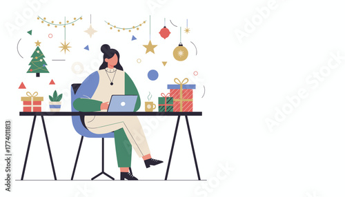 Woman works remotely on laptop at a festive desk surrounded by Christmas gifts and decorations