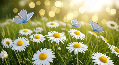 Fototapeta Naklejka Na Ścianę i Meble -  Blue butterfly flying over white daisy flowers in sunny meadow