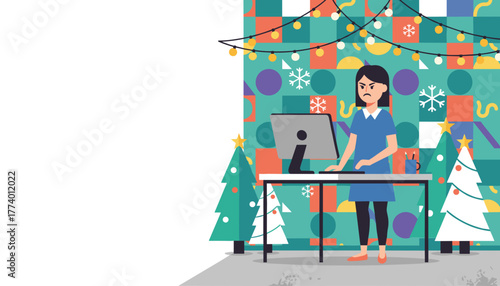 Frustrated employee working during the holidays in a festive office Flat vector art