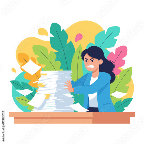 Angry businesswoman overwhelmed by a huge stack of paperwork and office workload