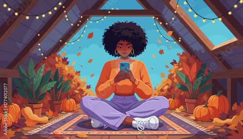 Woman using smartphone in cozy decorated autumn loft with pumpkins string lights and fall foliage
