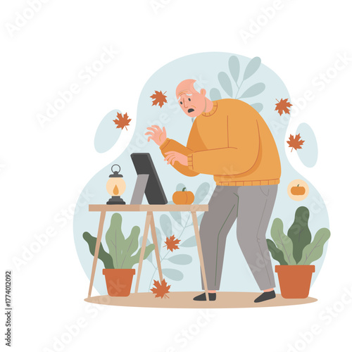 Senior man struggles with digital device autumn home scene suggests joint pain or tech confusion