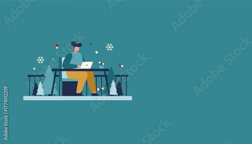 Remote worker using laptop on a winter balcony with festive decor Digital nomad lifestyle