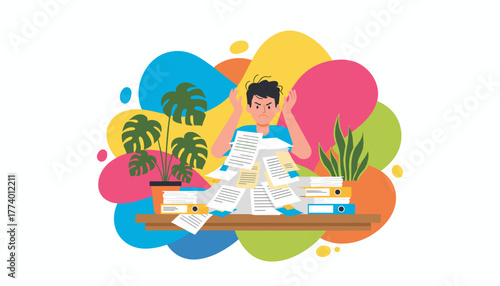 Frustrated employee stressed by excessive paperwork deadlines debt and information overload
