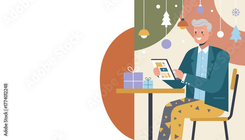 Smiling senior man uses tablet for holiday shopping next to wrapped gifts