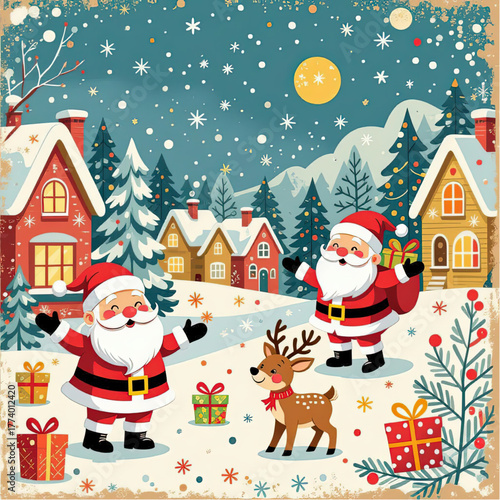 Playful, quirky characters Christmas vector doodles, with whimsical vintage flair,  like smiling Santas, and reindeer, in a fairy village, white background.eps