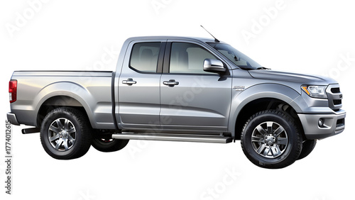 Silver pickup truck isolated on transparent background viewed from the side profile angle