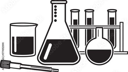Vector illustration of a set of chemical laboratory glassware including beakers, flasks, and test tubes for science research and experiment