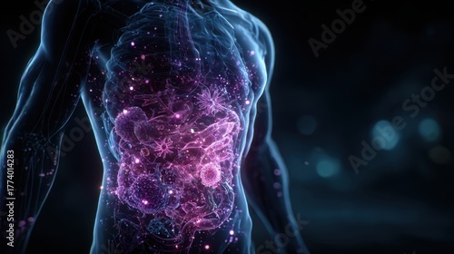 Visualization of internal organs and microscopic life in a human body illuminated by neon colors